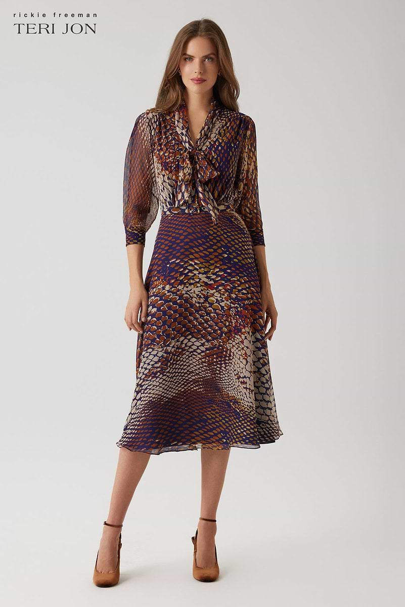 Chiffon Tie Neck Print Fit And Flare Dress – Terijon.com