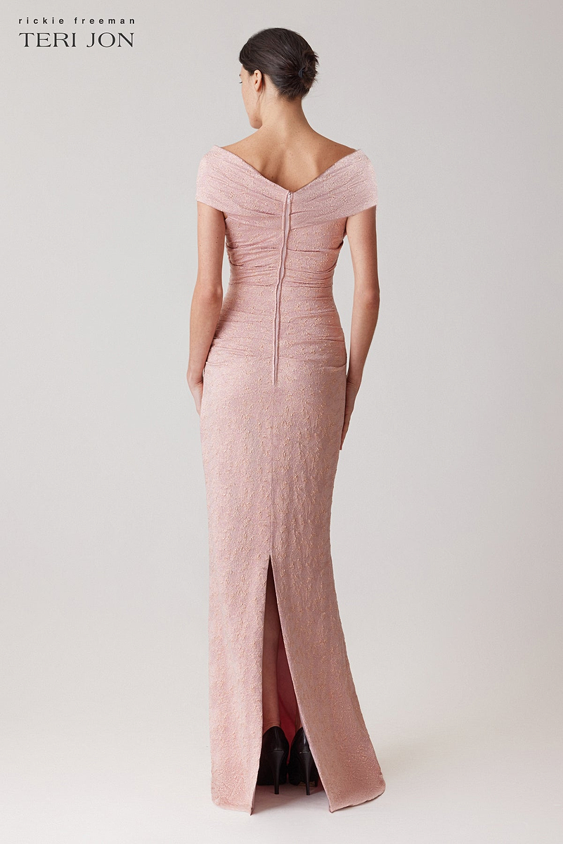 Off-the-Shoulder Pleated Gown with Surplice Bodice Red main image 1