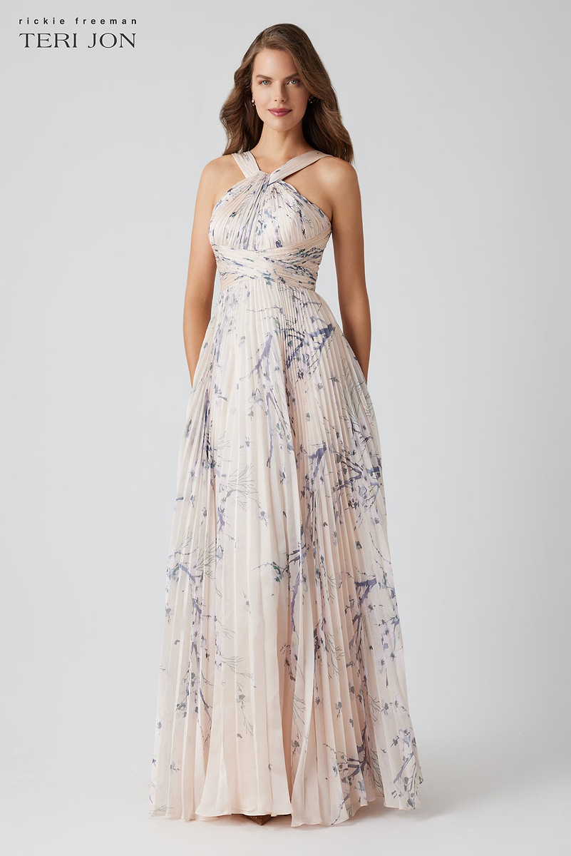 Chiffon Accordion Pleated Branch Print Halter Gown – Terijon.com