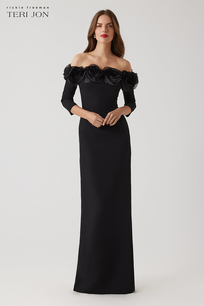Crepe 3D Flower Off The Shoulder Gown