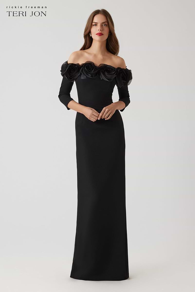 Crepe 3D Flower Off The Shoulder Gown Crepe 3D Flower Off The Shoulder Gown