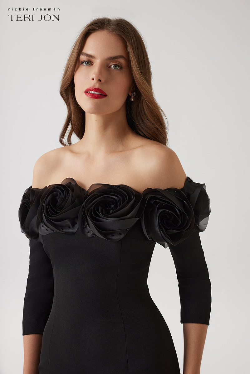 Crepe 3D Flower Off The Shoulder Gown – Terijon.com