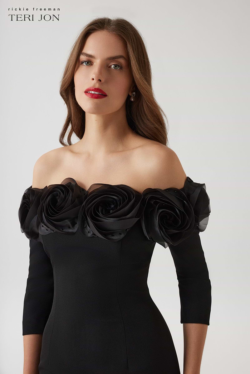 Crepe 3D Flower Off The Shoulder Gown Terijon.com Crepe 3D Flower Off The Shoulder Gown Terijon.com