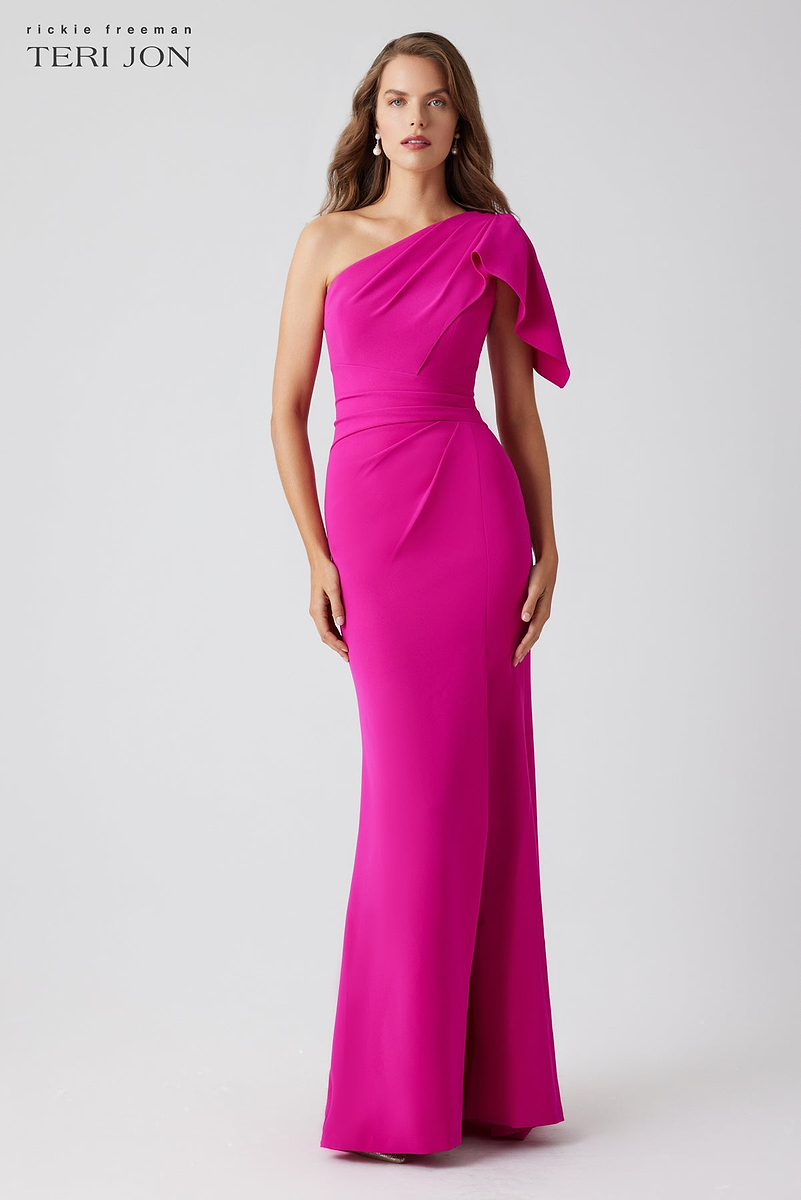 teri jon hot pink dress Satin Full Sleeve Side Drape Gown