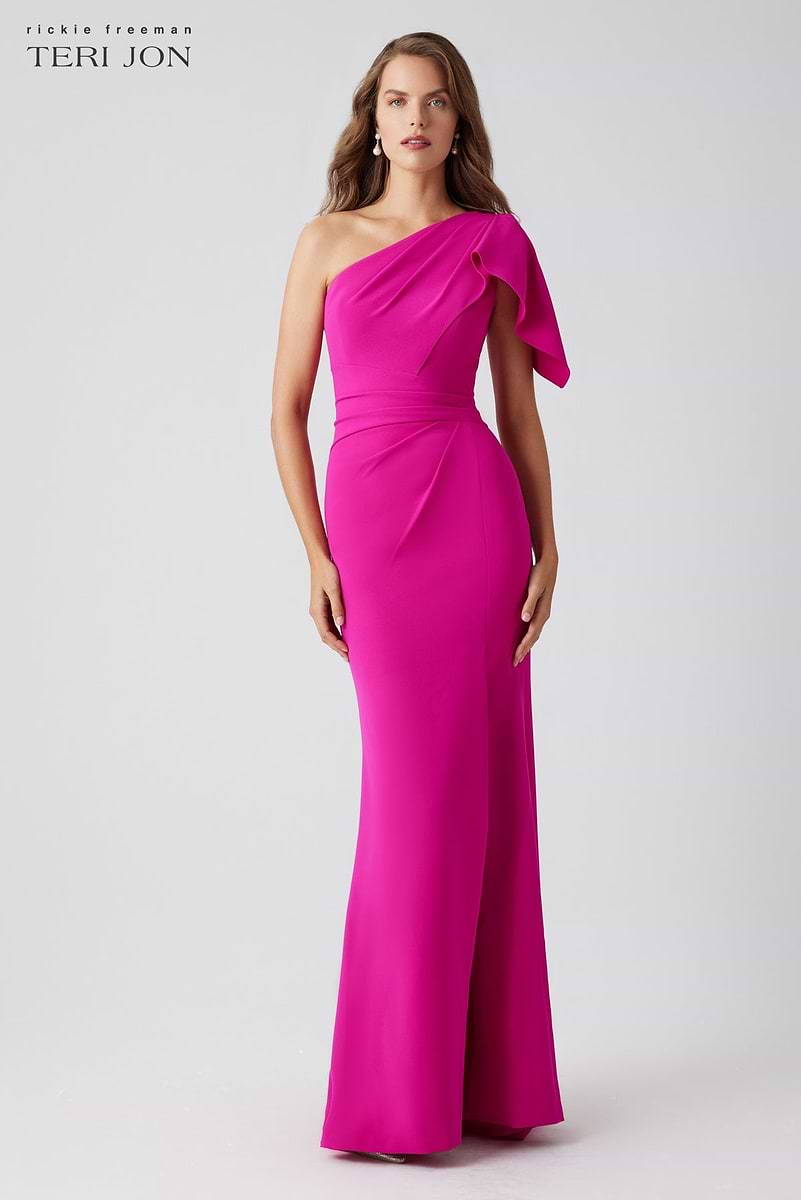 teri jon hot pink dress Satin Full Sleeve Side Drape Gown