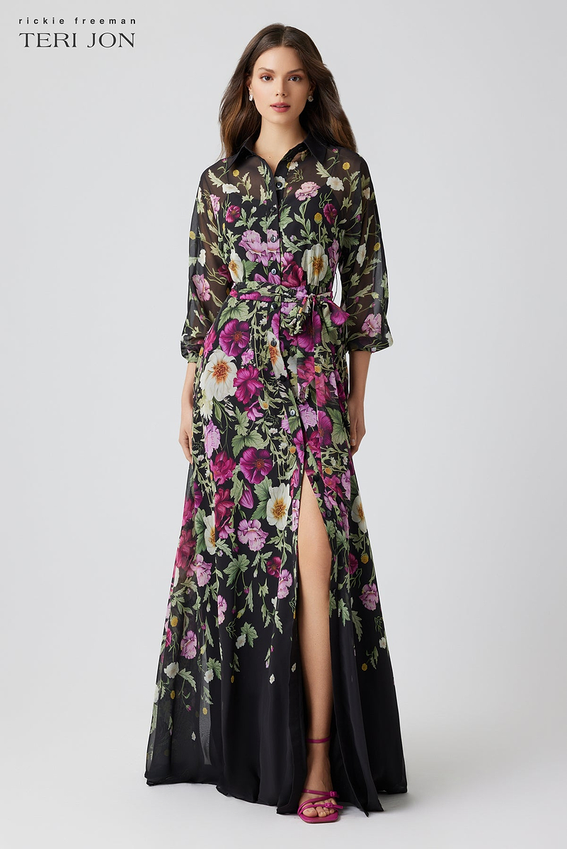 Teri Jon by Rickie Freeman Women's Chiffon Floral Print Shirt Waist Maxi Dress - Multi - Size 8