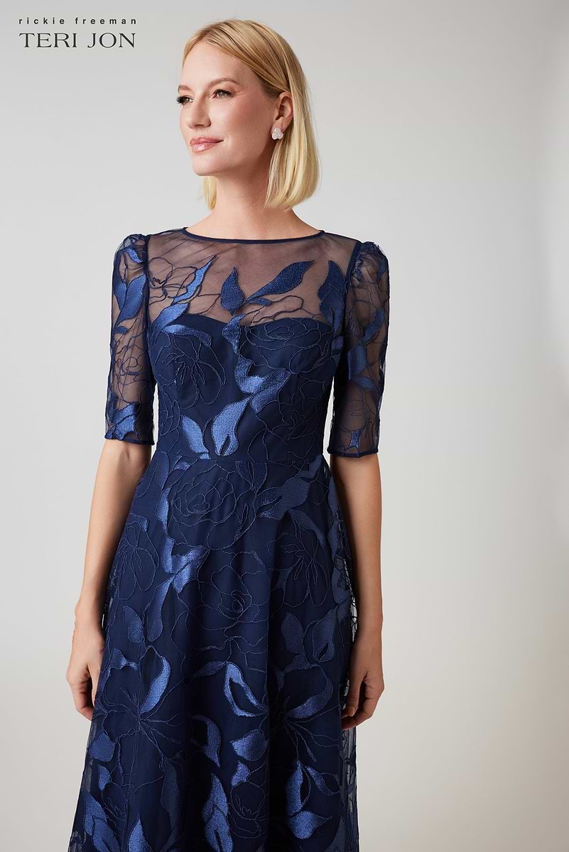 Embroidered Tulle Elbow Sleeve A Line Gown Terijon.com Embroidered Tulle Elbow Sleeve A Line Gown Terijon.com