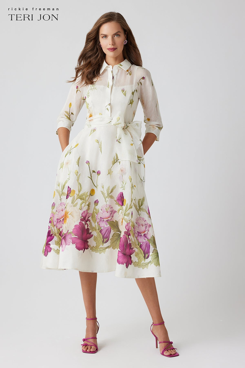 Teri Jon Silk-Linen Floral Border Print Shirtwaist Dress Size 2