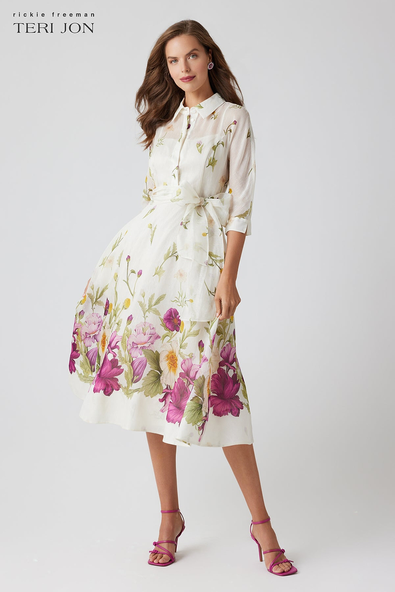 Silk-Linen Floral Border Print Shirtwaist Dress – Terijon.com
