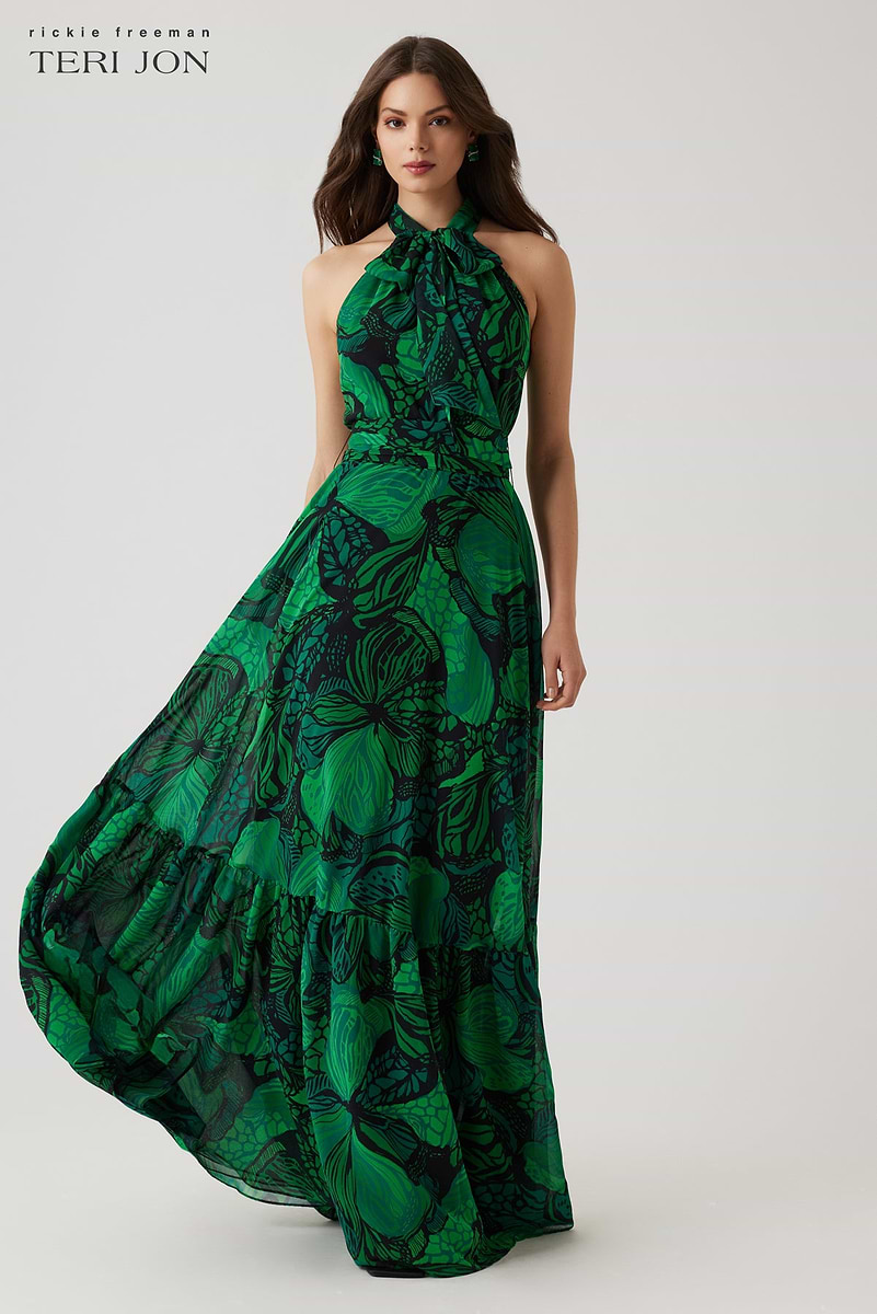 Chiffon Floral Print Halter Gown – Terijon.com Chiffon Floral Print Halter Gown – Terijon.com
