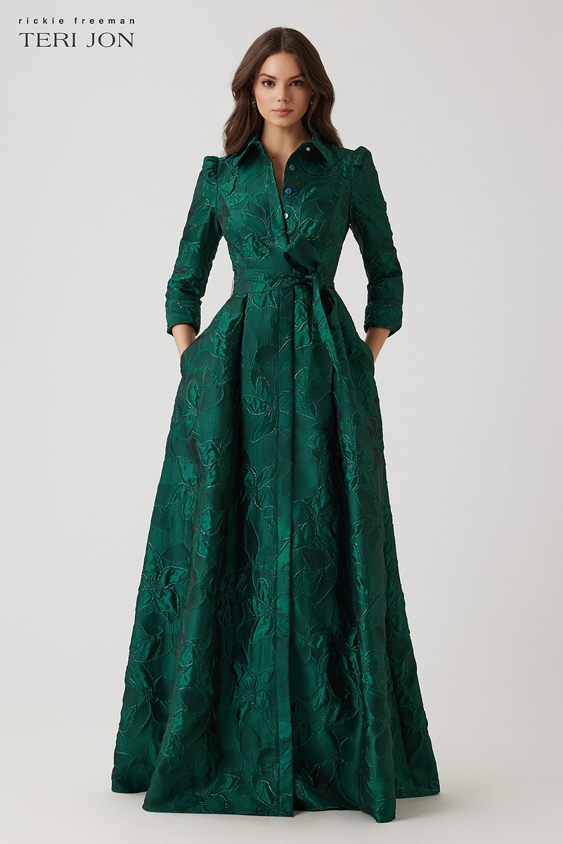 Metallic Jacquard Floral Shirt Waist Gown