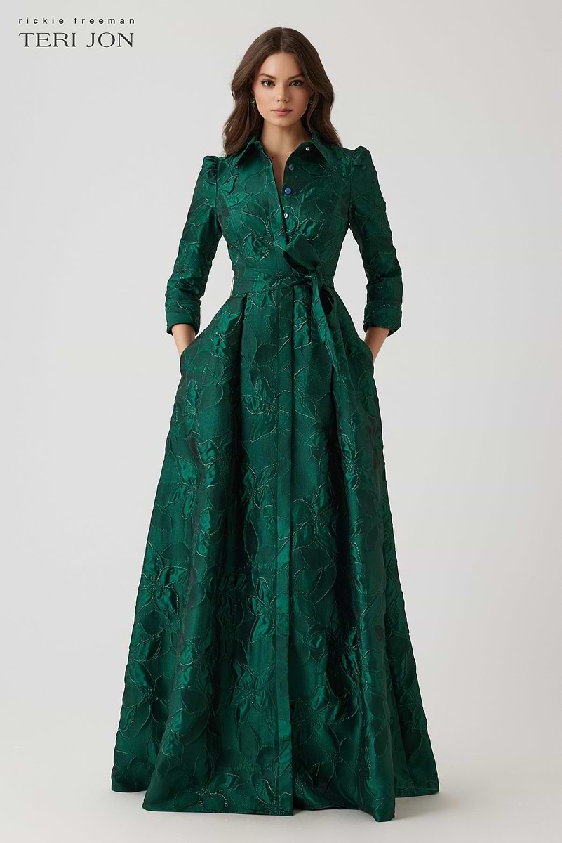 Metallic Jacquard Floral Shirt Waist Gown Metallic Jacquard Floral Shirt Waist Gown