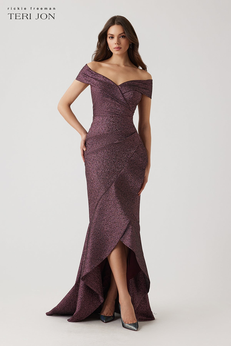 Metallic Jacquard Ruffle High Low Off The Shoulder Gown – Terijon.com