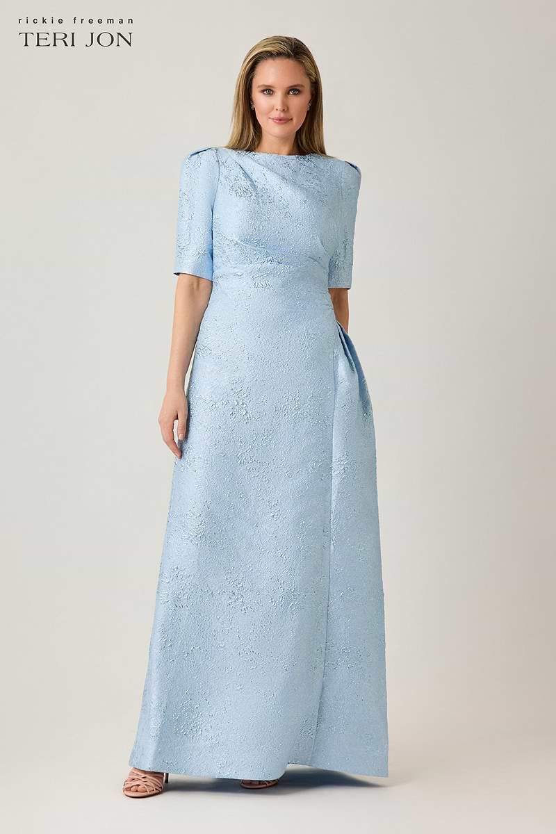 Metallic Jacquard Side Drape Gown – Terijon.com
