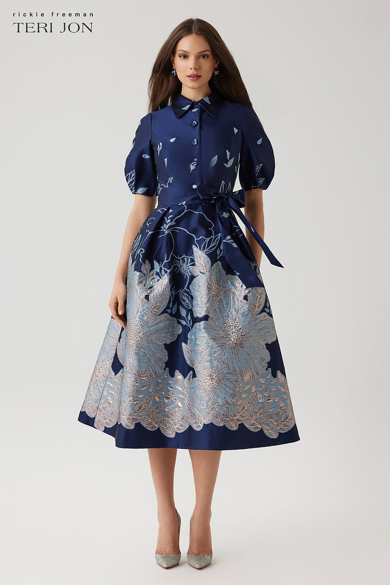 Metallic Jacquard Floral Puff Sleeve Dress – Terijon.com