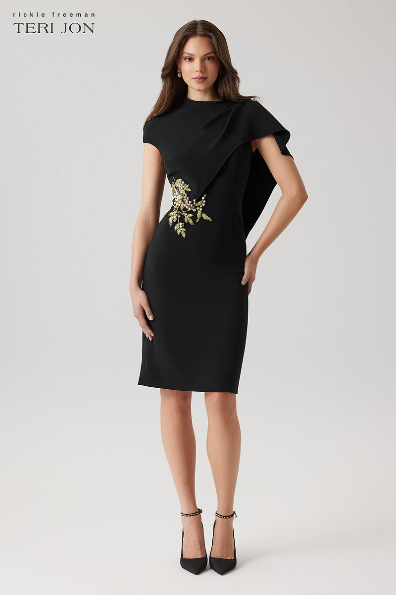 Crepe Pearl Floral Applique With Cape Dress – Terijon.com