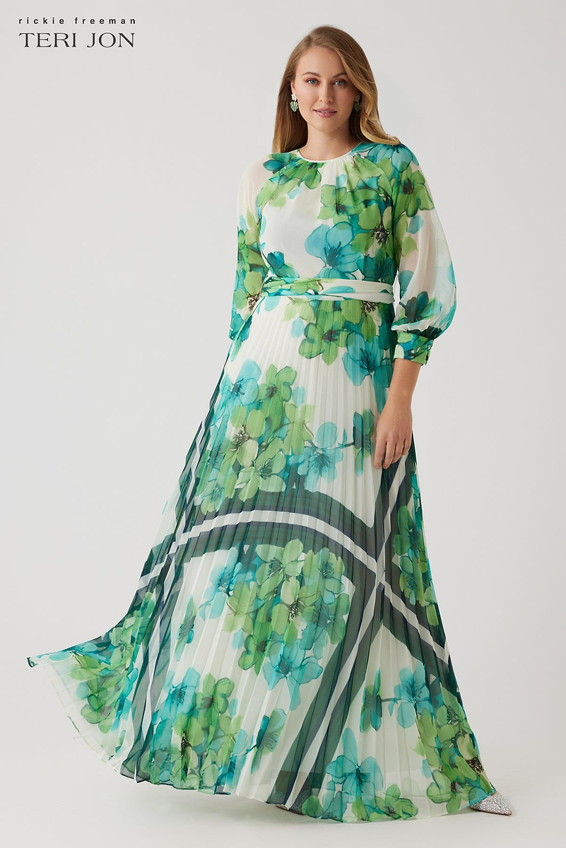 Chiffon Pleated Maxi Floral Print Gown  Terijon.com