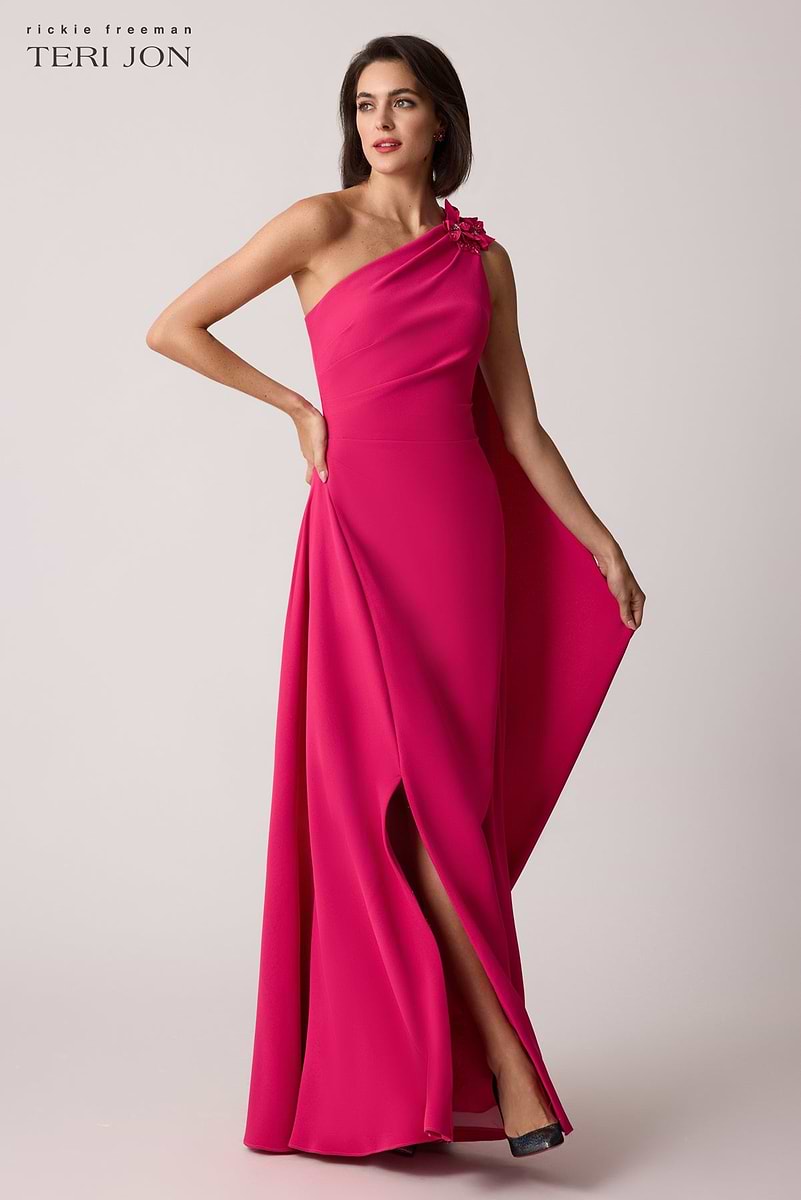ruched one-shoulder stretch crepe dress creating a classic column silhouette Xscape Stretch Scuba Crepe One