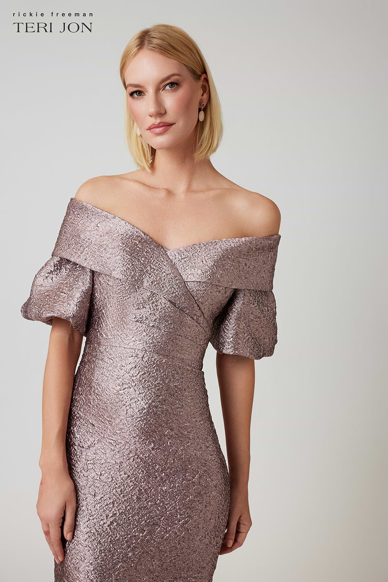 rickie freeman for teri jon puff-sleeve jacquard cocktail dress Beaded Jacquard Puff-Sleeve Dress