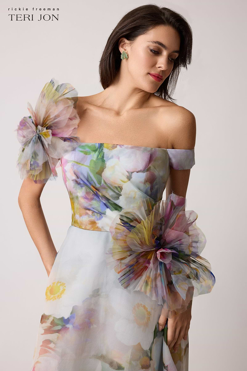 watercolor dress Organza Watercolor Off Shoulder 3D Flower Gown – Terijon.com