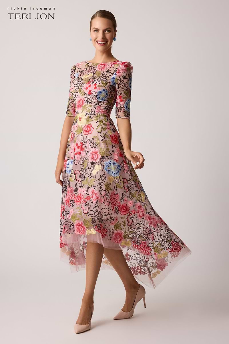 Teri Jon Embroidered Floral High Low Fit and Flare Dress - Pink Multi - 4 Teri Jon Embroidered Floral High Low Fit and Flare Dress - Pink Multi - 4