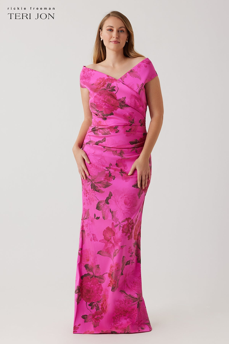 Stretch Printed Gazar Draped Off Shoulder Gown – Terijon.com