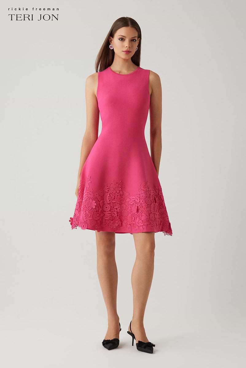 Knit Fit And Flare Lace Trim Dress Terijon.com Knit Fit And Flare Lace Trim Dress Terijon.com