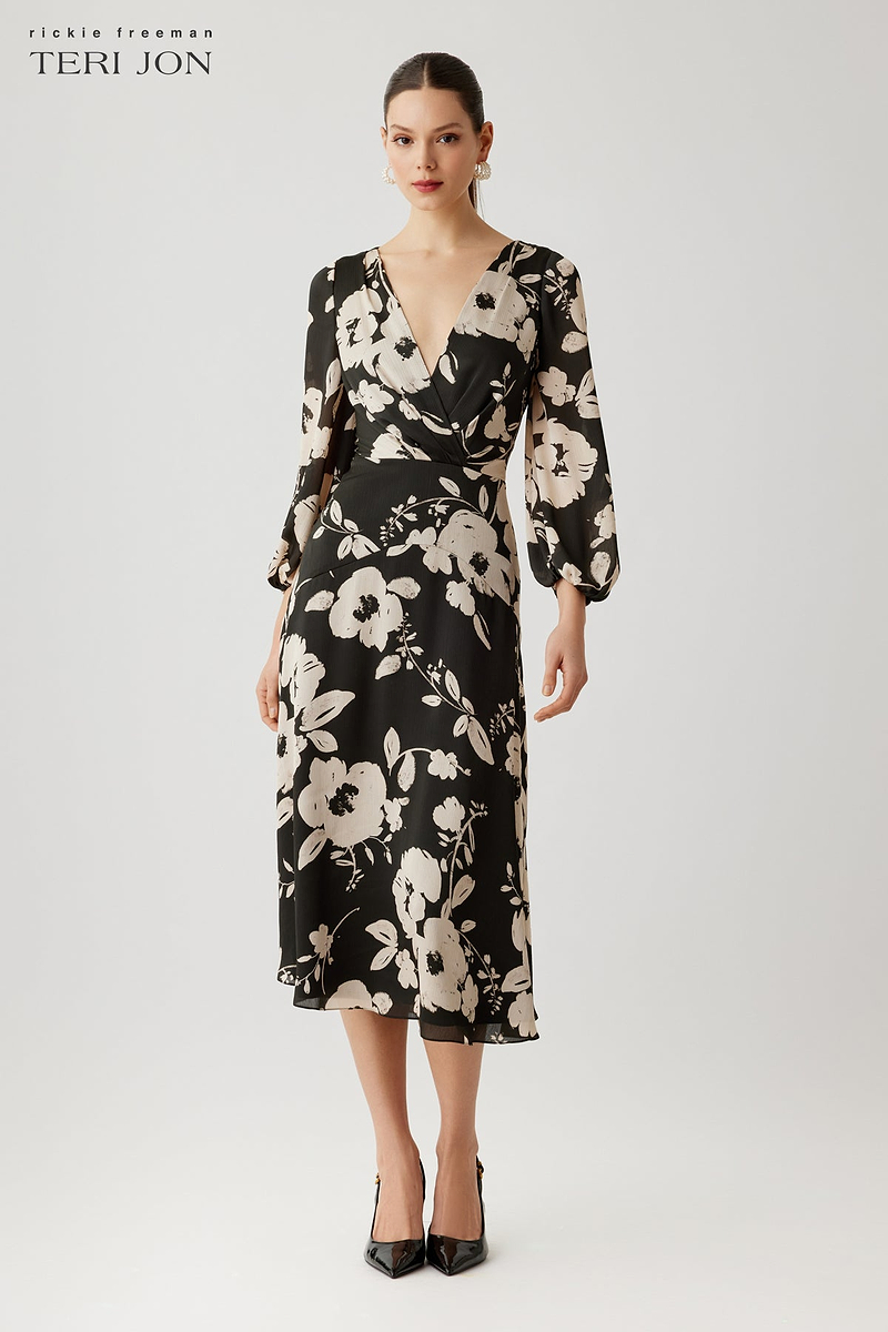 Twill V Neck Long Sleeve Floral Print Dress  Terijon.com