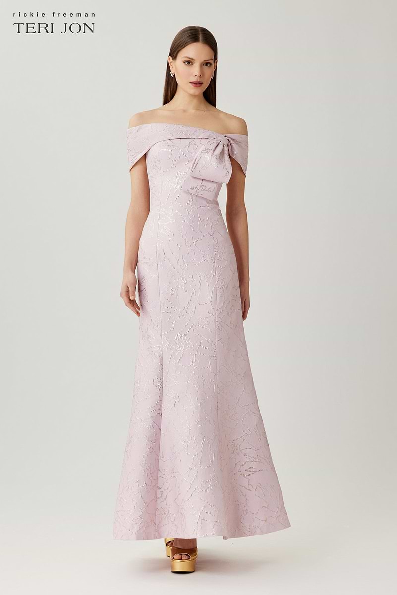 Jacquard Asymmetrical Off The Shoulder Side Bow Godet Gown