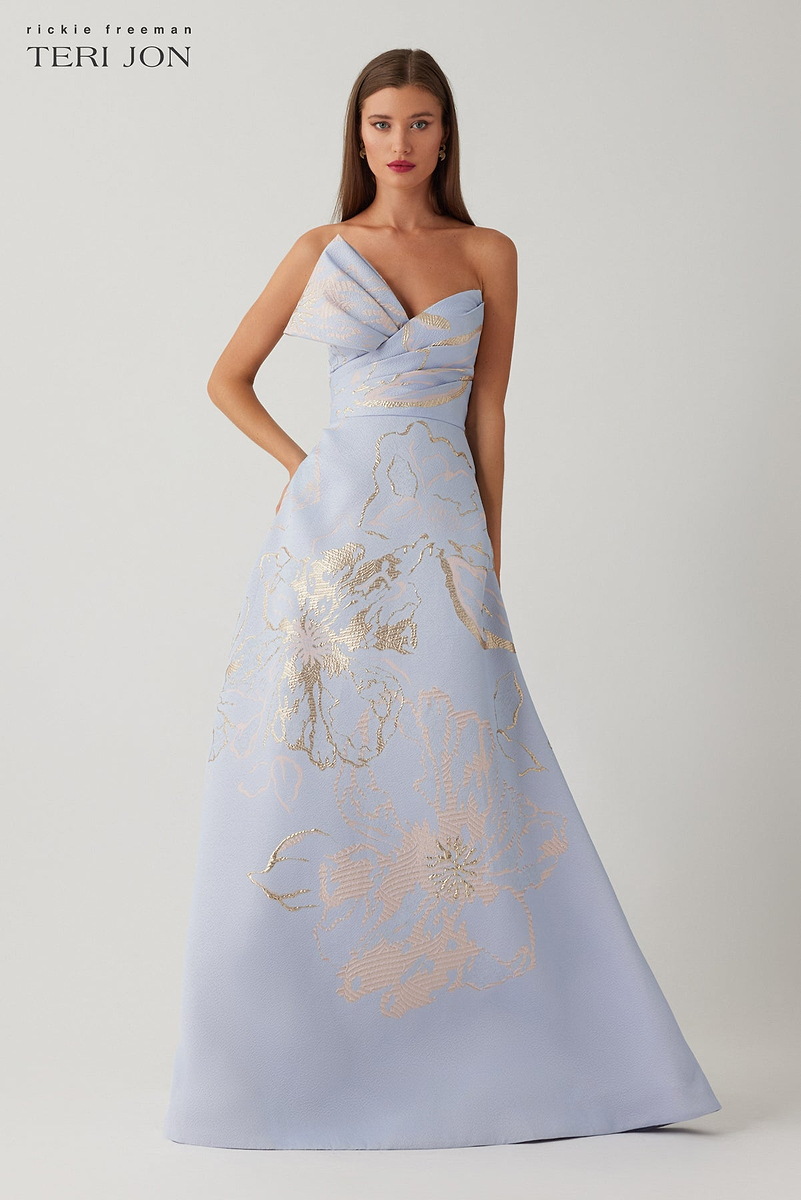 Metallic Jacquard Strapless Side Bow A Line Skirt Gown – Terijon.com