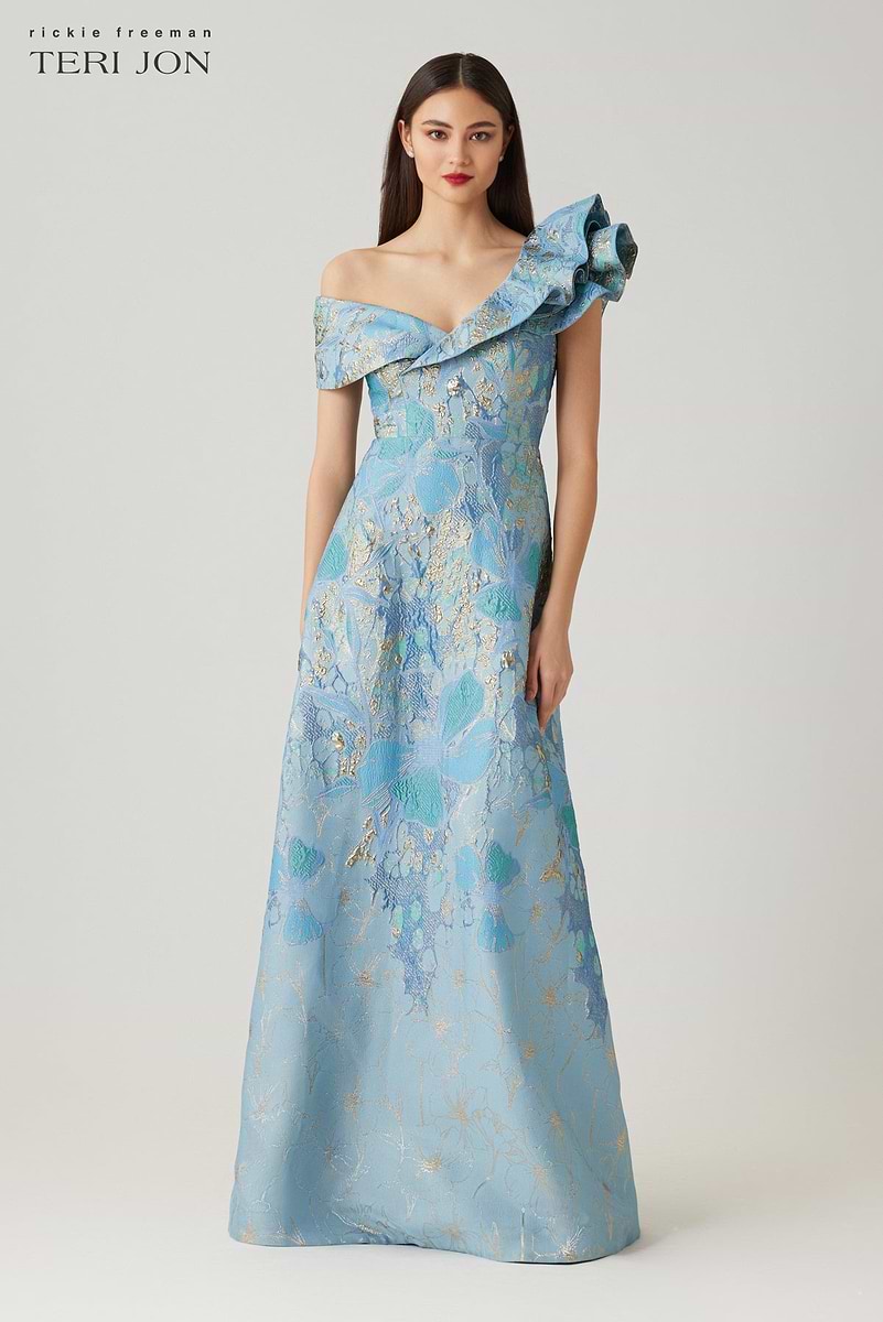 ruffle tiered metallic ruched shoulder dress Metallic Jacquard Ruffle Off The Shoulder A Line Gown – Terijon.com