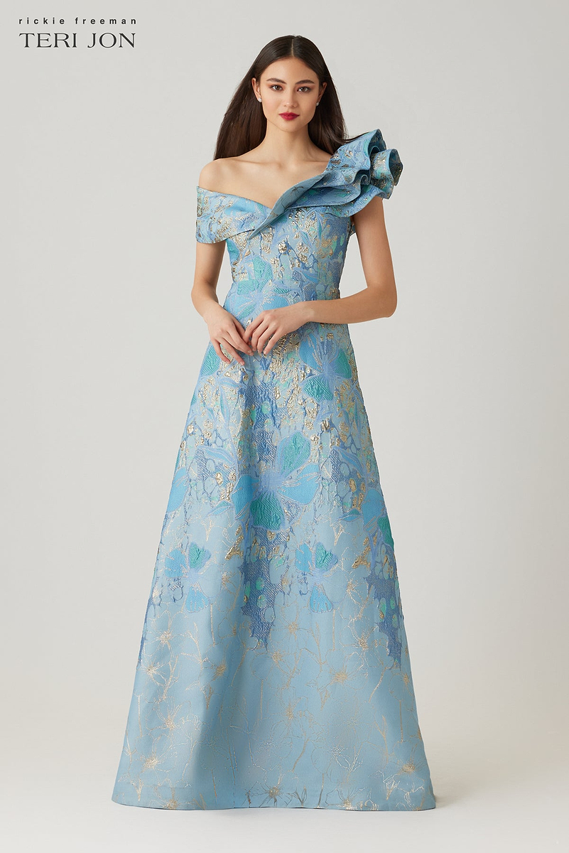 teri jon by rickie freeman floral embroidered off-the-shoulder dress Teri Jon Off The Shoulder Floral Border Gown Size 0