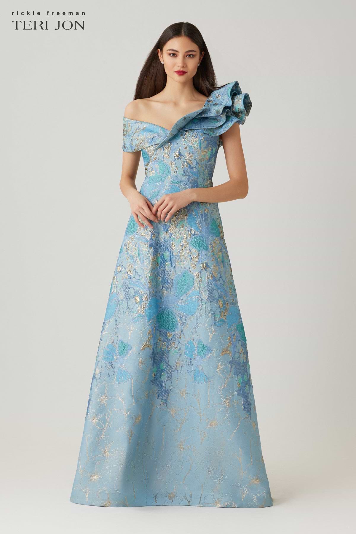 teri jon by rickie freeman floral embroidered off-the-shoulder dress Teri Jon Off The Shoulder Floral Border Gown Size 0