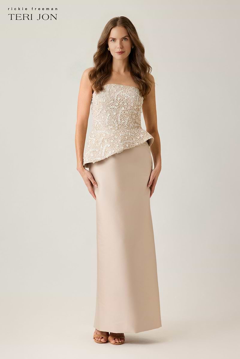 Beaded Strapless With Peplum Mikado Column Skirt Gown – Terijon.com