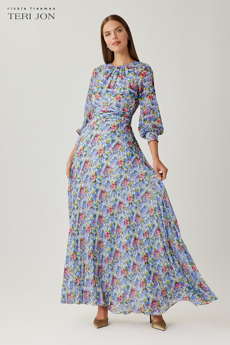 teri jon by rickie freeman long sleeve pleated maxi dress Chiffon Print Long Sleeve Pleated Gown