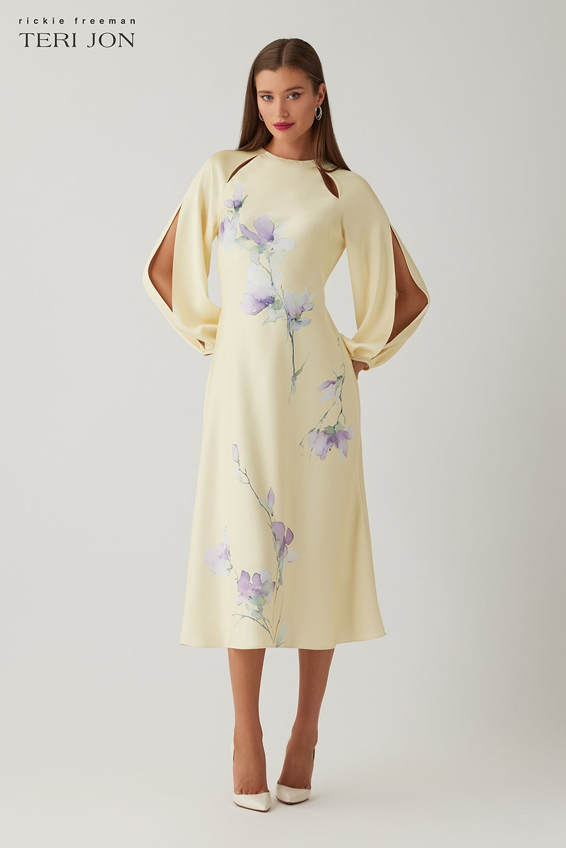 Crepe Satin Long-Sleeve Floral Print Dress – Terijon.com