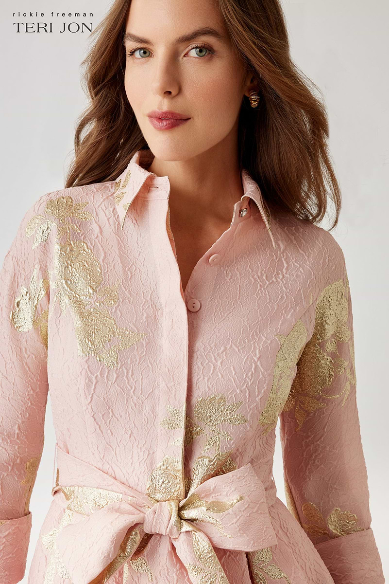 Metallic Floral Jacquard Shirt Waist Dress – Terijon.com