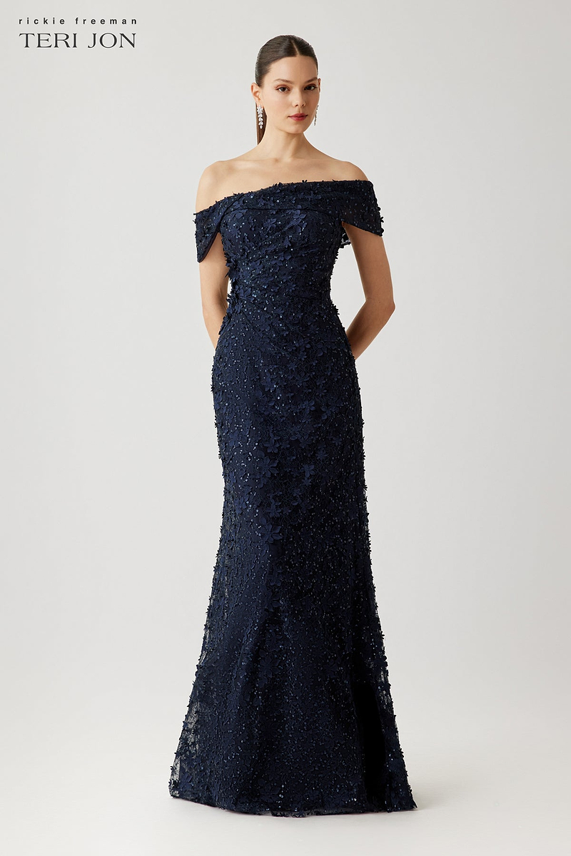 3D Lace Asymmetric Off The Shoulder Cuff Gown – Terijon.com