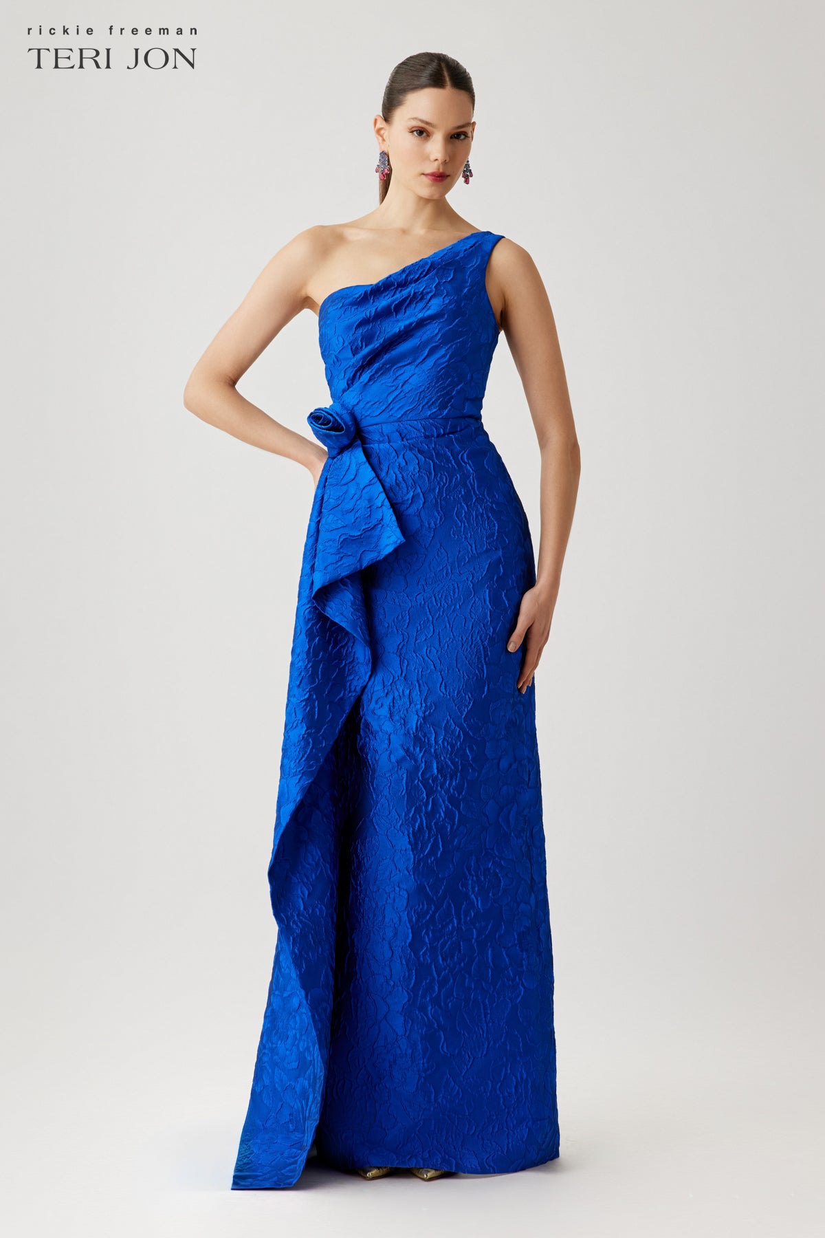 Tonal Jacquard One Shoulder Side Drape Self Flower Gown – Terijon.com