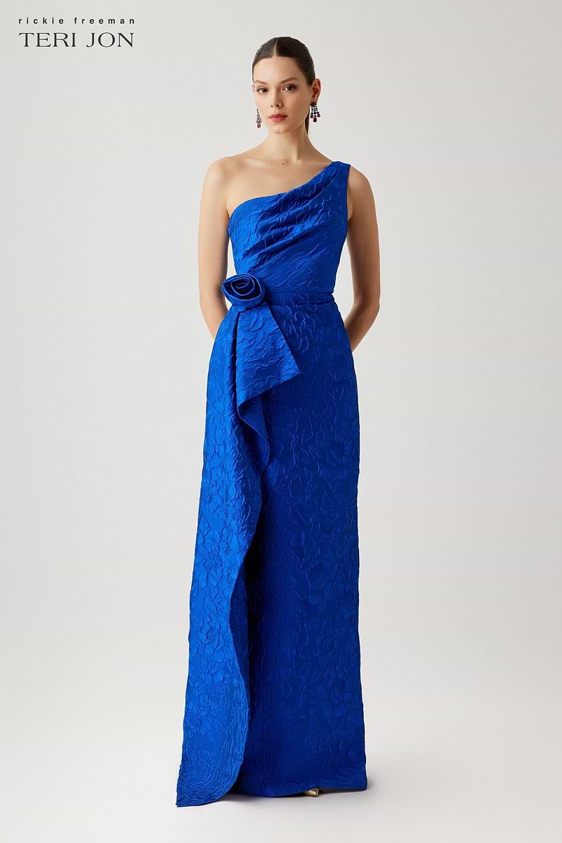 Tonal Jacquard One Shoulder Side Drape Self Flower Gown – Terijon.com