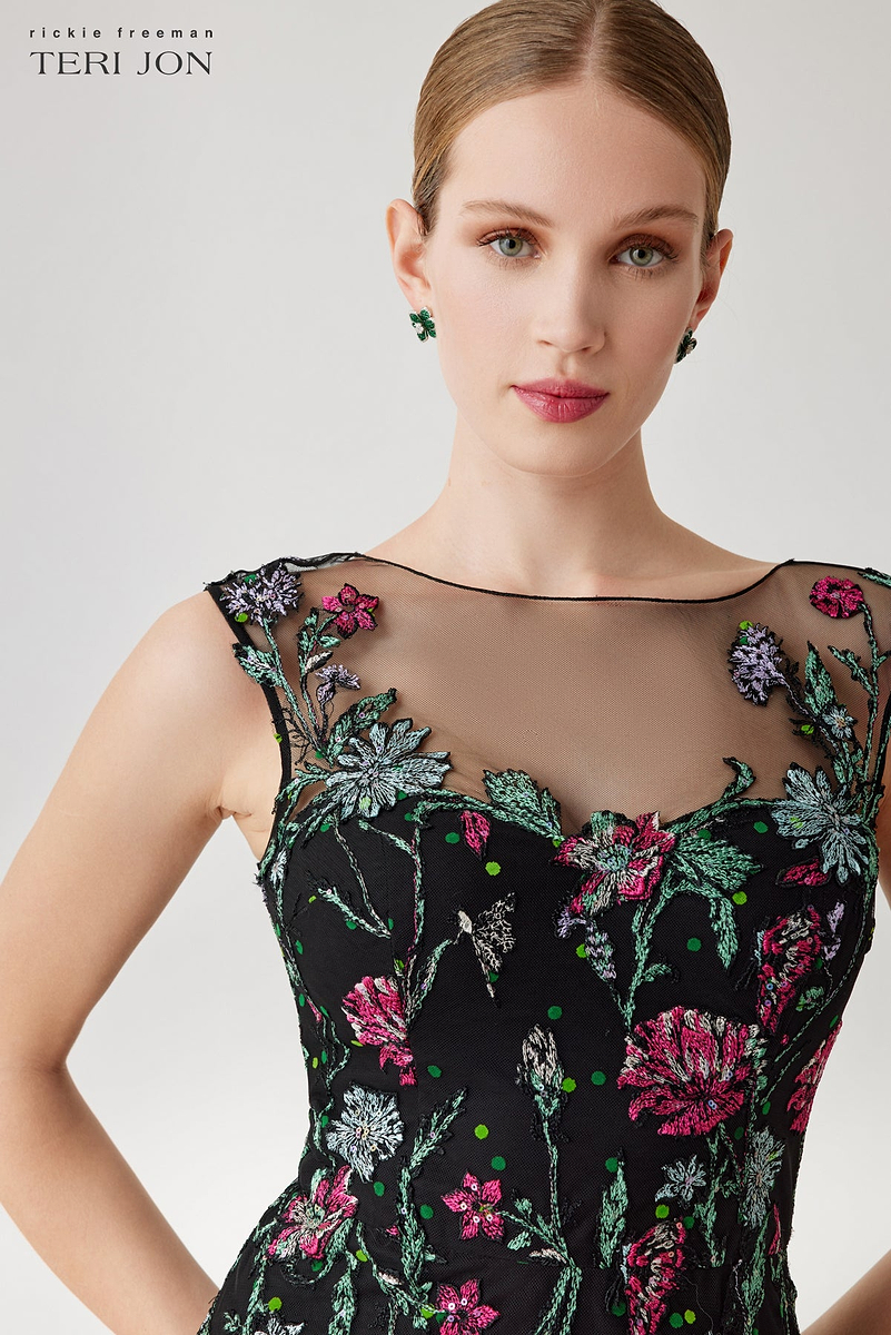 teri jon embroidered tulle dress Teri Jon Tulle 3D Petal Elbow Sleeve Gown Size 6