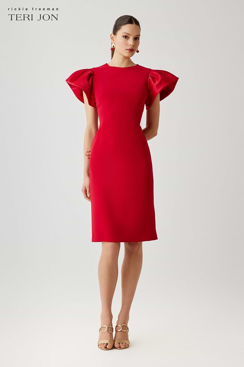 Teri Jon Crepe Sheath Dress With Satin Flounce Short Sleeves Size 22 Teri Jon Crepe Sheath Dress With Satin Flounce Short Sleeves Size 22