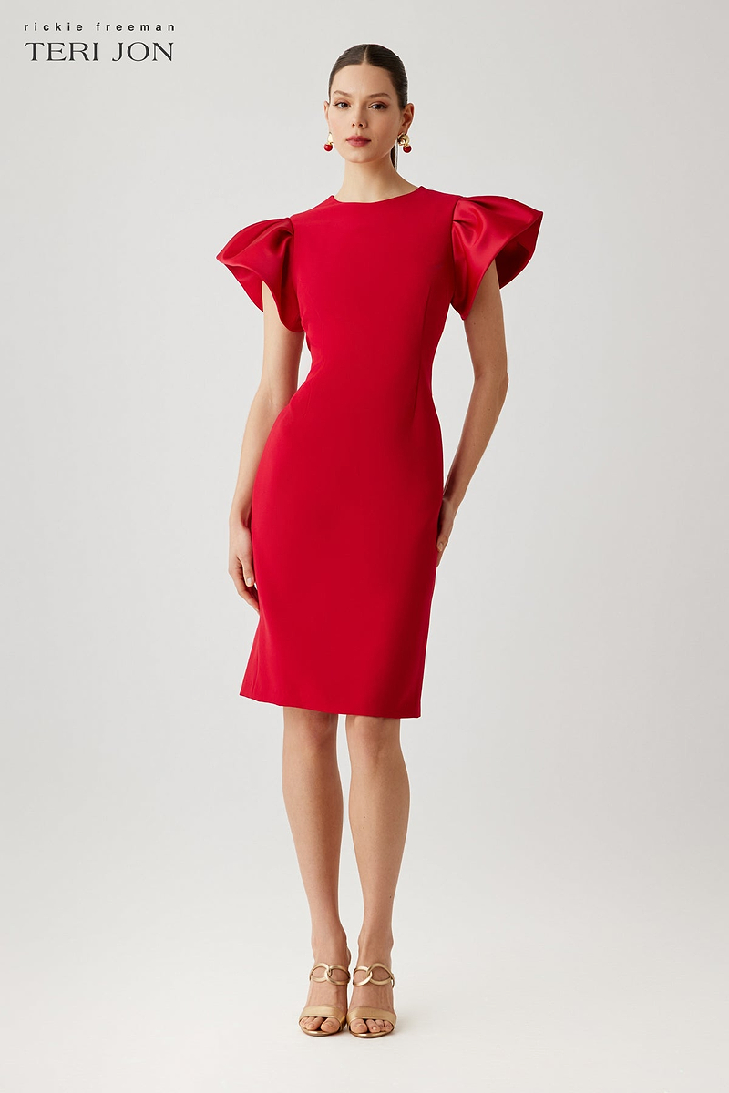 red dress with puff sleeves Teri Jon Crepe Sheath Dress With Satin Flounce Short Sleeves Size 22