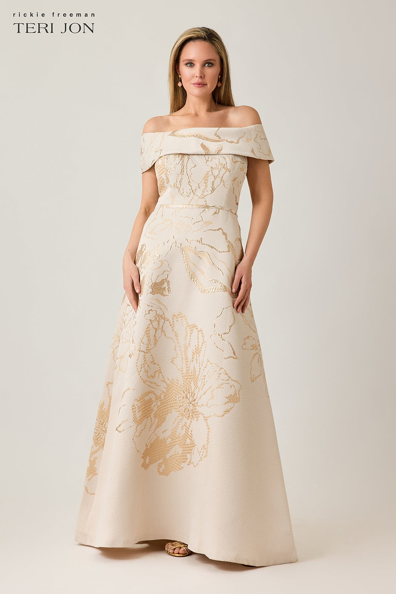 Jacquard Metallic Pattern Cuff Bodice Gown – Terijon.com