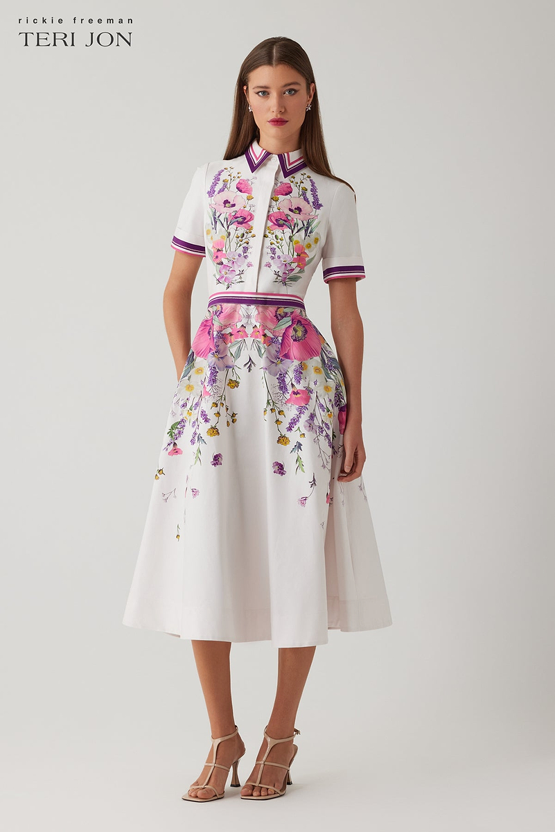 Cotton Shirtwaist Floral Print Stripe Trim Dress – Terijon.com