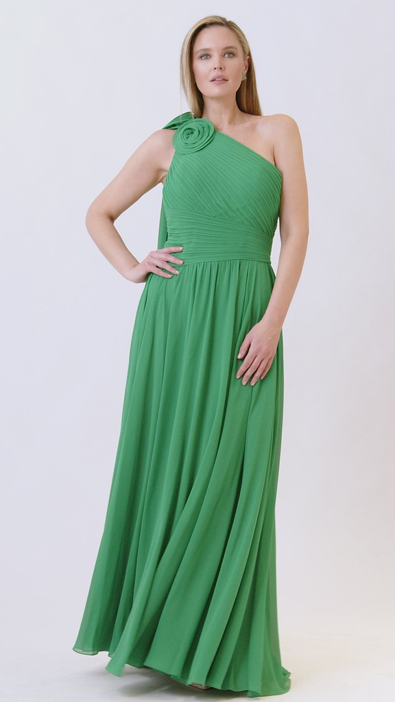 Teri Jon Pleated Chiffon Gown with Floral Shoulder Size 2