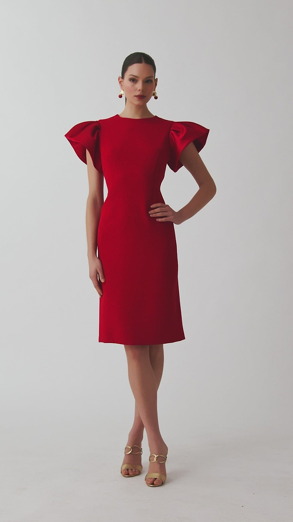 short sleeve cocktail dresses Crepe Sheath Dress With Satin Flounce Short Sleeves – Terijon.com