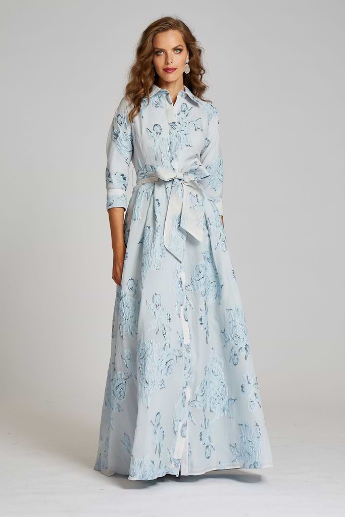 Metallic Jacquard Shirtdress Gown with Floral Print Metallic Jacquard Shirtdress Gown with Floral Print