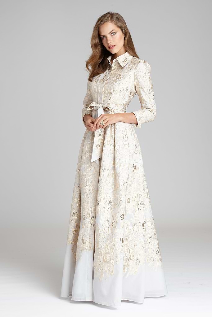 Rickie Freeman For Teri Jon Metallic Brocade Shirtdress Gown - Gold Rickie Freeman For Teri Jon Metallic Brocade Shirtdress Gown - Gold