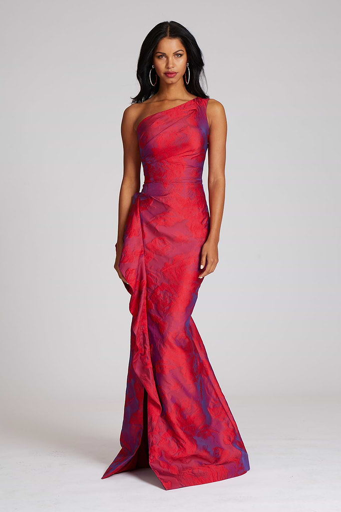 Jacquard One Shoulder Ruched Side Peplum Gown Terijon.com Jacquard One Shoulder Ruched Side Peplum Gown Terijon.com
